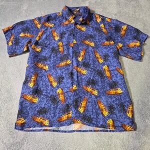 M.E. Sport Mens L Button Down Shirt Blue Silk Woodie Car Palm Tree Hawaiian